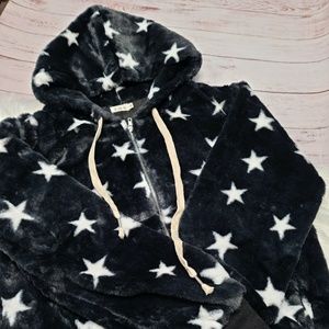 POL FUR KNIT ZIP UP COAT STAR PRINT BLACK SIZE M